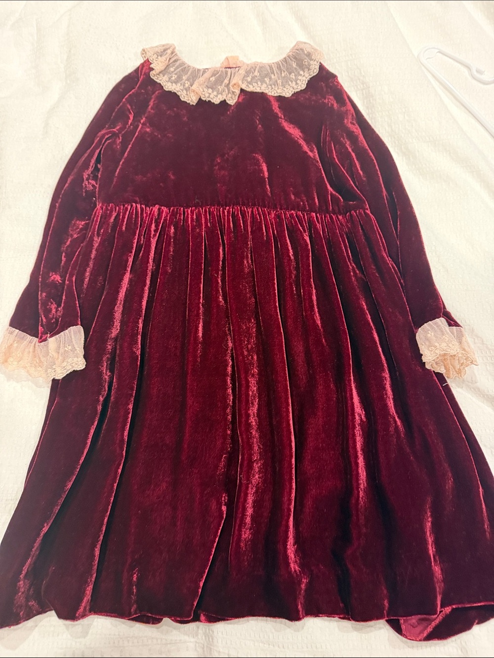 Bonpoint Deep Burgundy Velvet Dress with Cream Pink Lace Collar